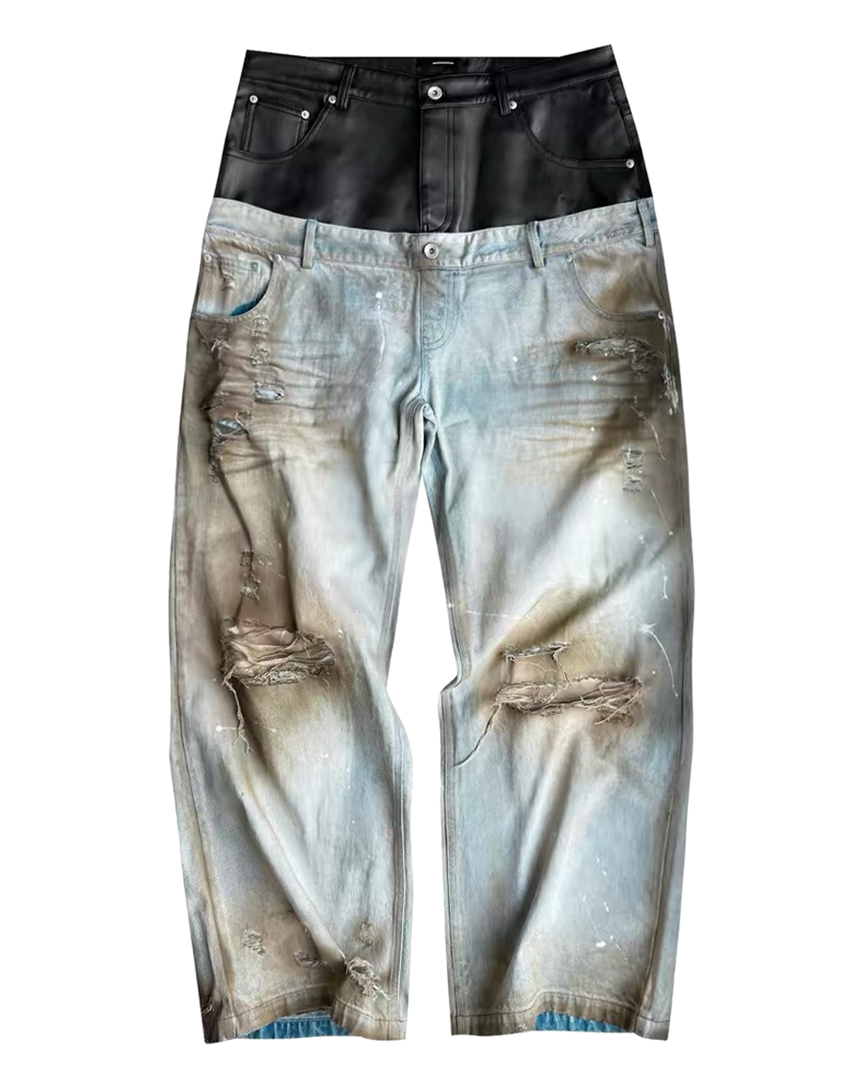Destroyed PU Patch Double Waistband Jeans