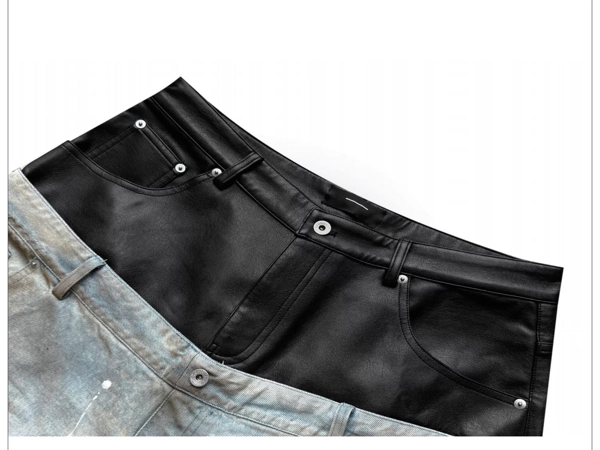 Destroyed PU Patch Double Waistband Jeans